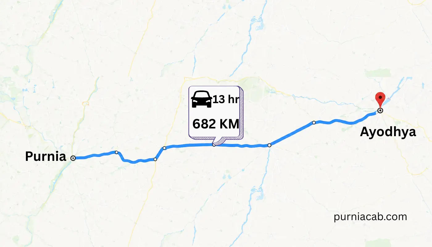 Purnia to Ayodhya route map showing 682 KM distance and 13 hours travel time by road