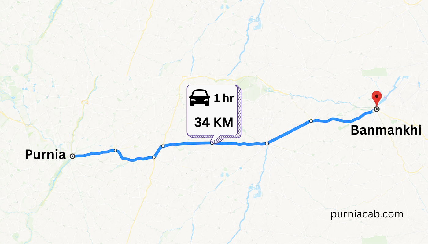 Purnia to Banmankhi Taxi Service 2 Purnia to Banmankhi Taxi Route Map showing 34 KM distance and approximately 1 hour travel time by road