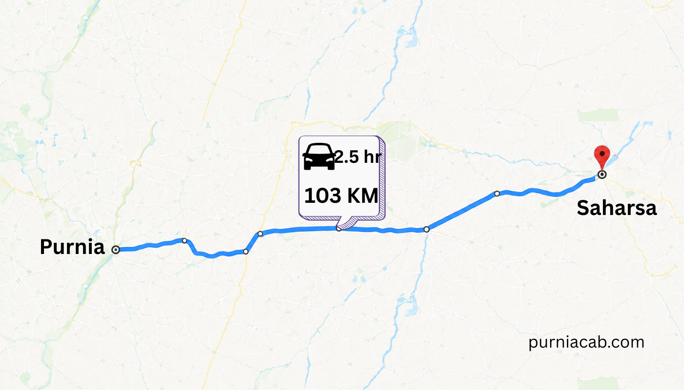 Purnia to Saharsa Taxi Service route map showing 103 KM road distance and approximately 2.5 hours travel time by cab from Purnia to Saharsa