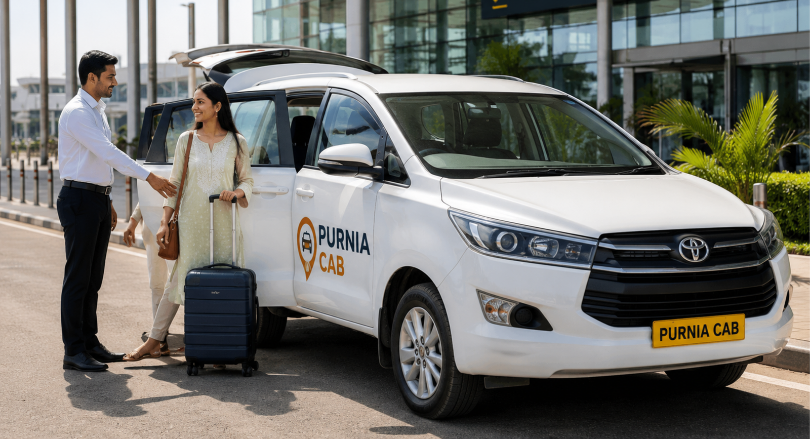 Professional taxi service in Purnia with airport pickup and drop service by PURNIA CAB featuring driver assisting passenger with luggage
